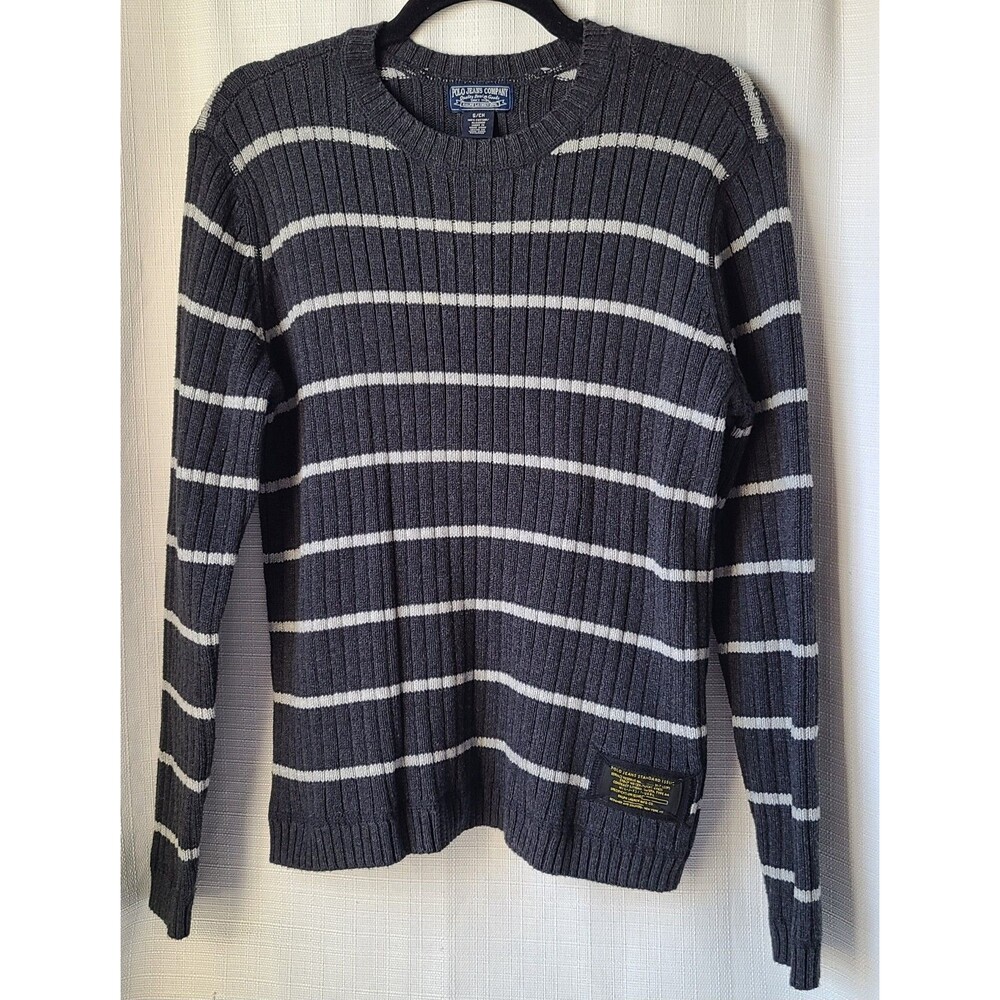 Vintage Polo Jeans Co Ralph Lauren Sweater Men's Small Gray Striped Rib Knit Cot